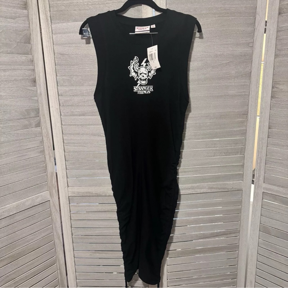 NEW Stranger Things Womens Black Dress Size Medium Side Rouch Tie Sleeveless